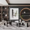 Elegant Modern Marble Coffee Table with Gray Sofa Green Plant Round Bookshelf in Living Room