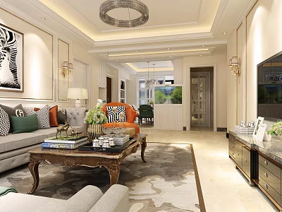 Elegant Modern Living Dining Room Interior With Sofa Coffee Table Rug And Chandelier 3d model