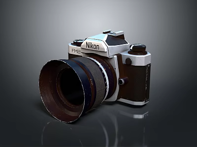 Vintage Nikon FE Camera With Large Classic Lens And Retro Design Elements 3d model