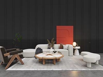 Modern Sofa And Coffee Table Set With Red Artwork Green Plant And Floor Lamp 3d model