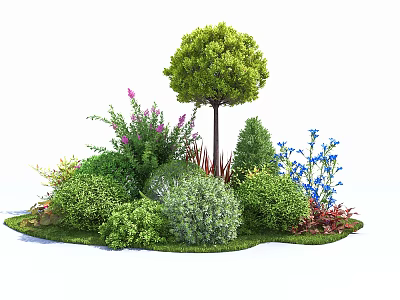 Diverse Landscaping Shrubs with Green Foliage Purple Blue Flowers and Small Tree 3d model