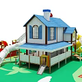 White House Playground Equipment With Blue Roof Flame Decorations Yellow Slides And Red Fire Truck Design
