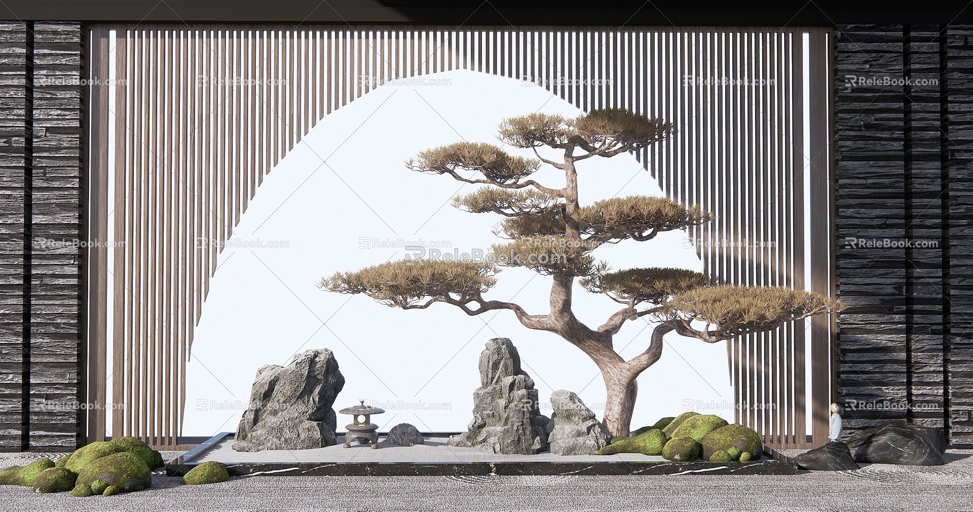 New Chinese style landscape sketch courtyard landscape sketch stone rockery pine tree landscape wall model