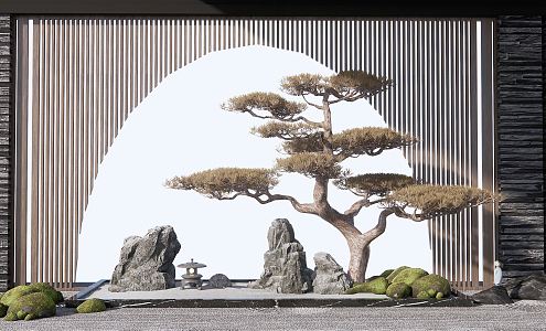 New Chinese style landscape sketch courtyard landscape sketch stone rockery pine tree landscape wall 3d model