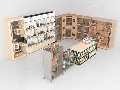 Pet Accessories Display Combination With Wooden Shelves Cat Trees And Glass Counter 3d model