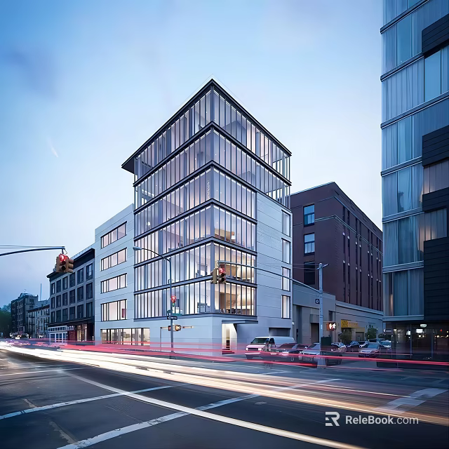 Modern Single Family Home With Glass Facade And Urban Street View At Dusk 3d model 