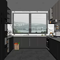 Modern Kitchen Interior Design With Gray Cabinets Large Windows And Sleek Countertop 3d model