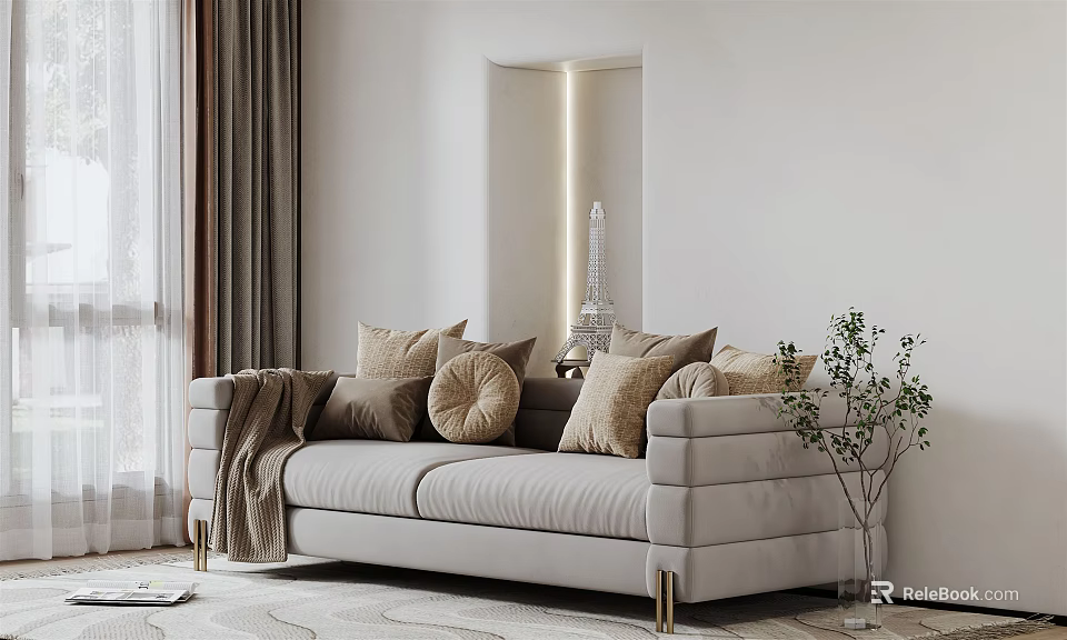 Elegant Beige Two Seater Sofa with Decorative Pillows Curtains and Potted Plant 3d model 