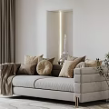Elegant Beige Two Seater Sofa with Decorative Pillows Curtains and Potted Plant