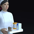 Woman Nurse in White Uniform Holding Tray with Medicine Bottles and Boxes