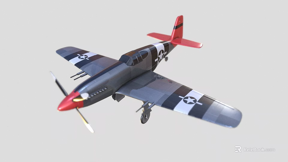 Fighter Plane With Red Nose Gray Body Propeller And Emblems On Wings 3d model 