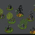 Miniature Garden Landscapes With Stones Trees Green Plants And Yellow Flowers On Circular Bases