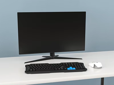 Black Computer Monitor With Black Keyboard Blue Accent Keys And White Mouse On White Desk 3d model