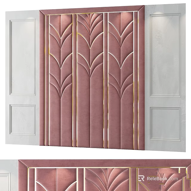 Pink Wall Interior Design With Gold Line Patterns And White Decorative Panels 3d model 