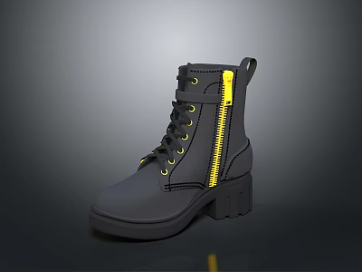 Stylish Black Leather Boots With Yellow Zipper And Chunky Sole For Daily Wear 3d model