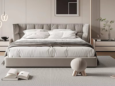 Modern Double Bed Bedroom Interior With Upholstered Headboard And Striped Area Rug 3d model