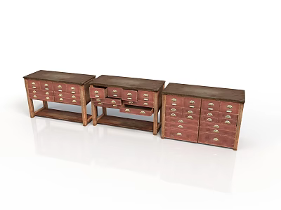 Three Classic Wooden Drawer Cabinets in Dark Brown and Red with Golden Handles 3d model