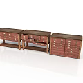 Three Classic Wooden Drawer Cabinets in Dark Brown and Red with Golden Handles