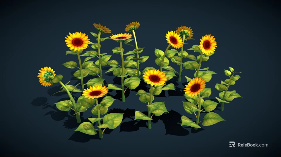 Beautiful Vibrant Yellow Sunflowers With Green Leaves In Full Bloom 3d model 