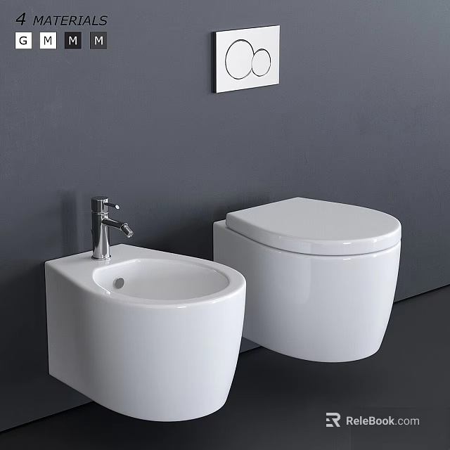 Modern White Ceramic Toilet And Bidet With Chrome Faucet On Gray Wall 3d model 