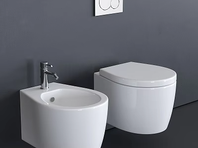 Modern White Ceramic Toilet And Bidet With Chrome Faucet On Gray Wall 3d model