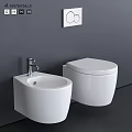 Modern White Ceramic Toilet And Bidet With Chrome Faucet On Gray Wall