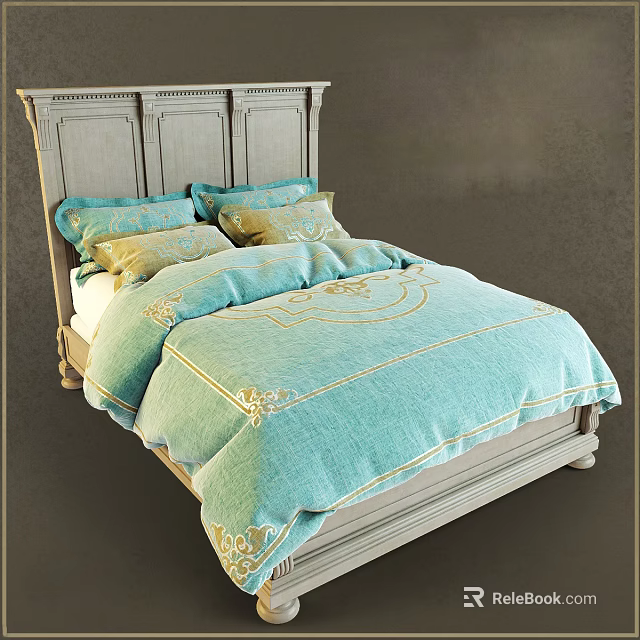 Elegant Double Bed With Carved White Headboard And Turquoise Bedding Featuring Gold Patterns 3d model