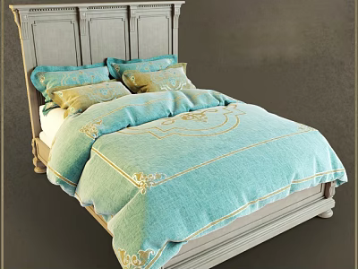 Elegant Double Bed With Carved White Headboard And Turquoise Bedding Featuring Gold Patterns 3d model