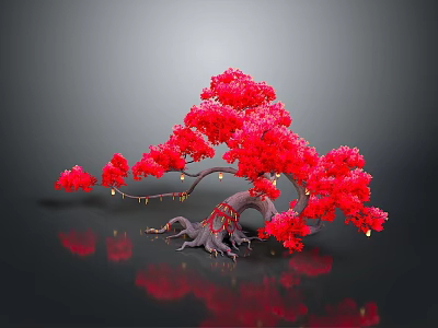 Vibrant Red Bonsai Plant with Unique Twisted Roots and Foliage on Gray Background 3d model