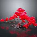 Vibrant Red Bonsai Plant with Unique Twisted Roots and Foliage on Gray Background