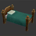 Traditional Wooden Bed With Carved Posts Green Blanket And White Pillow