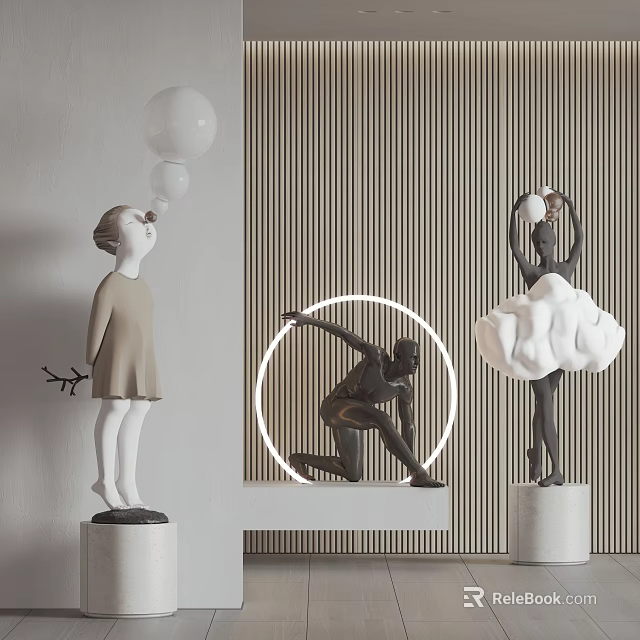 Artistic Carved Sculptures With Girl Blowing Balloon Kneeling Figure And Cloud Dress Design 3d model 