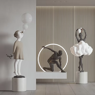Artistic Carved Sculptures With Girl Blowing Balloon Kneeling Figure And Cloud Dress Design 3d model