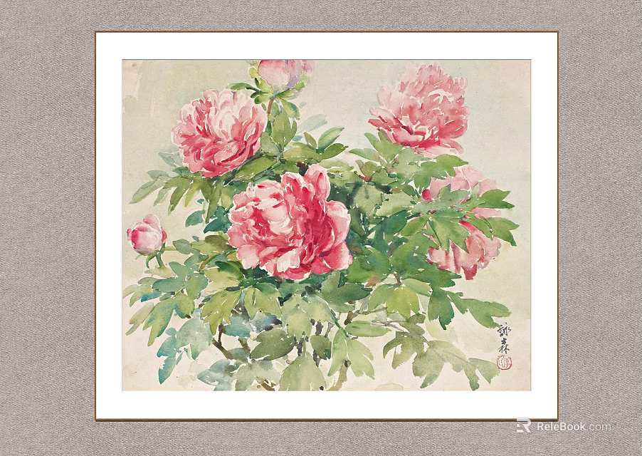 Botanical Painting with Pink Peonies Green Leaves in Watercolor Style White Frame 3d model 