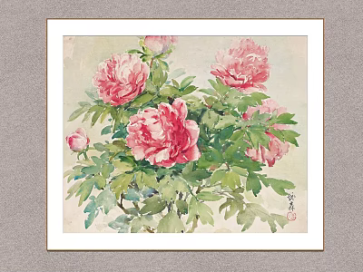 Botanical Painting with Pink Peonies Green Leaves in Watercolor Style White Frame 3d model