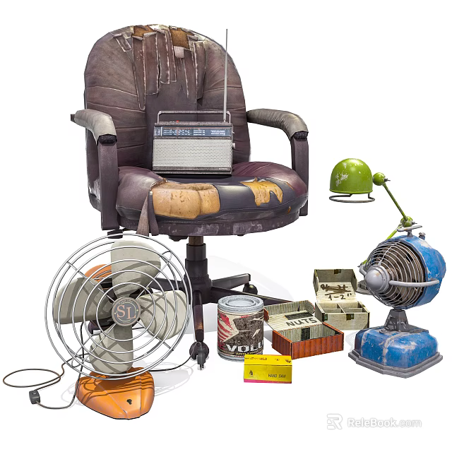 Vintage Armchair with Radio Fan Table Lamp Toolbox and Canned Goods 3d model 