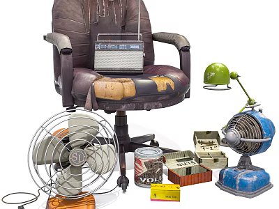 Vintage Armchair with Radio Fan Table Lamp Toolbox and Canned Goods 3d model