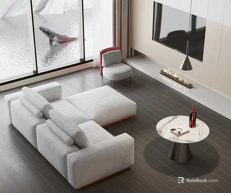 Modern Living Room With Gray L Shaped Sofa And Round Marble Coffee Table Set 3d model 