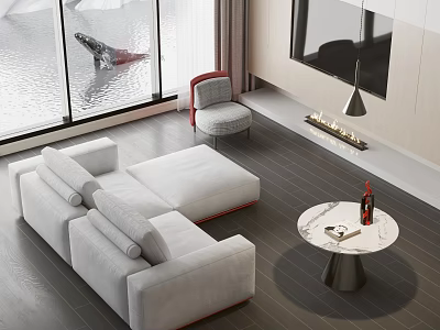 Modern Living Room With Gray L Shaped Sofa And Round Marble Coffee Table Set 3d model
