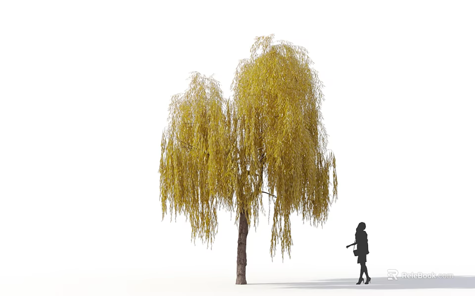 Graceful Willow Tree With Yellow Hanging Branches And Brown Trunk Beside Walking Silhouette 3d model 