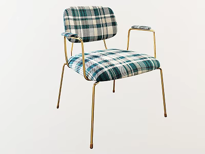 Stylish Green And White Plaid Pattern Dining Chair With Golden Metal Frame And Armrests 3d model