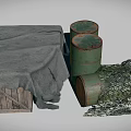 Wooden Crate Covered With Gray Cloth And Green Barrels With Tipped Barrel And Netting