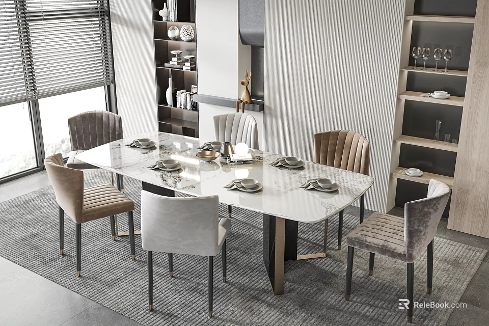 Elegant Modern Dining Table Set With Marble Top And Six Velvet Chairs 3d model