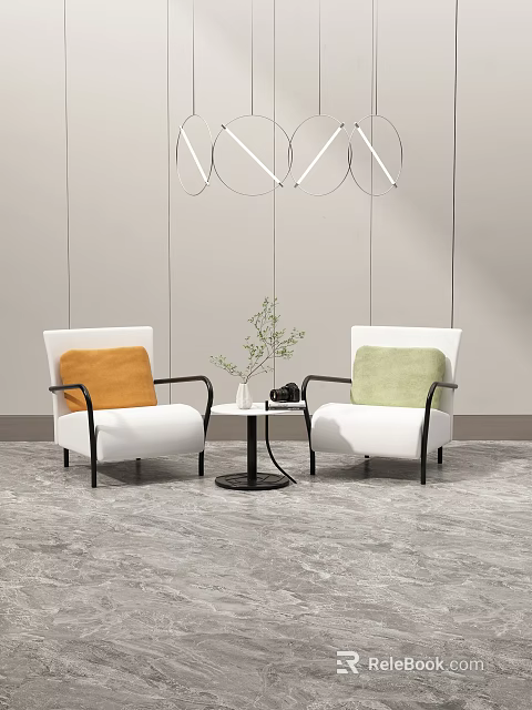 Modern Table And Chair Set With White Chairs Orange Green Cushions Small Round Table Plant 3d model 