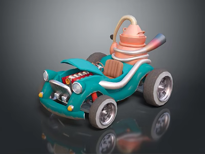 Cartoon Blue Toy Car With Pink Figure Silver Wheels And Red Front Details 3d model
