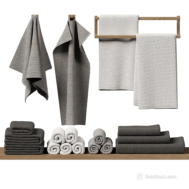 Different Styles Of Gray And White Towels Hanging Folded And Rolled On 3d model 