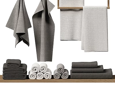 Different Styles Of Gray And White Towels Hanging Folded And Rolled On 3d model