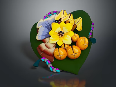 Decorative Plant Display Featuring Green Leaf Yellow Flower Orange Fruits Butterflies And Colorful Braided Rope 3d model