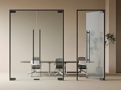 Glass Double Doors In Modern Office Interior With Table Chairs And Plant 3d model