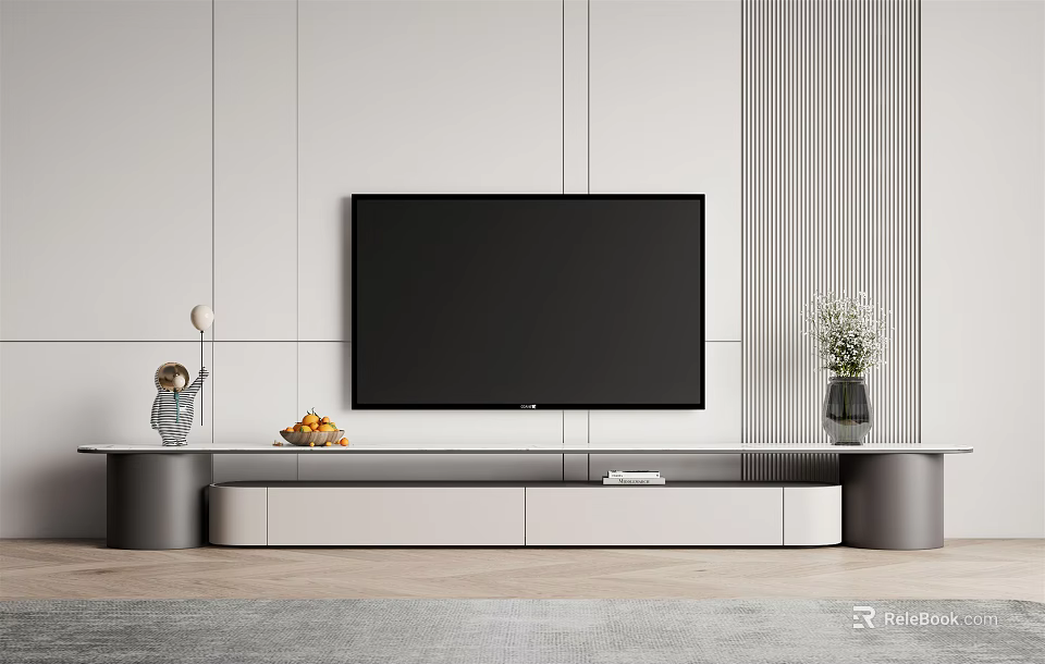 Modern Living Room TV Stand With Flat Screen TV Vase Fruit Tray And Wall Panel 3d model 